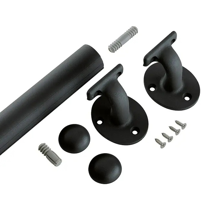 Juego de pasamanos Inoline - Negro, Largo: 2 m - Componentes de kit de pasamanos negro: una sección de riel, dos soportes de pared, dos tapas, dos tacos grises y cuatro tornillos plateados.