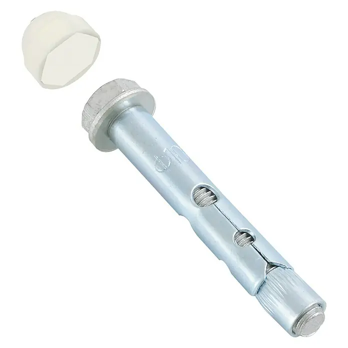 Tornillo autorroscante Blanco suelo de hormigón - 10 x 70 mm, Acero - Un conjunto de anclaje de manguito con tornillo, perno de expansión y tapón para fijaciones seguras en hormigón y mampostería.