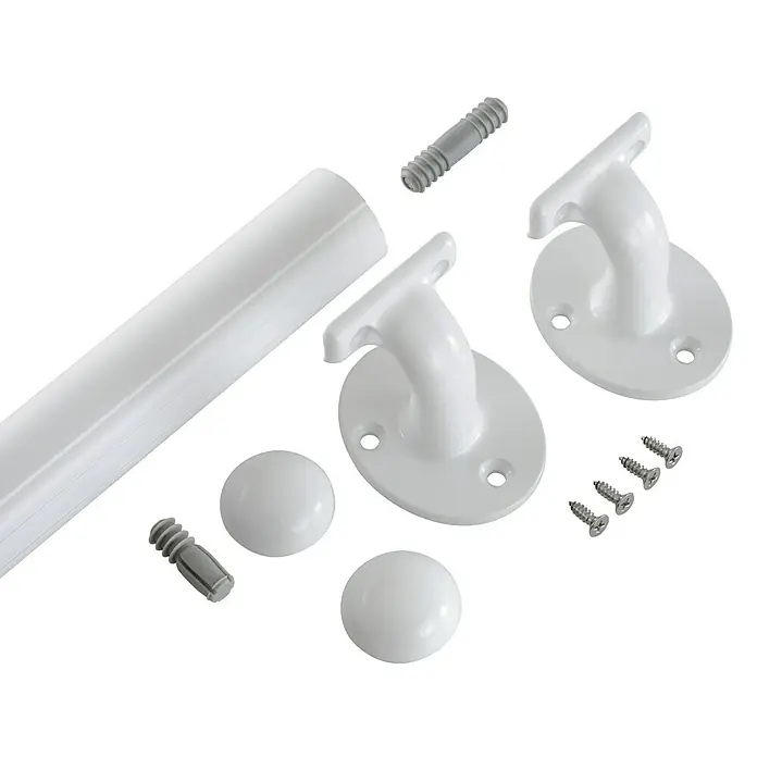 Juego de pasamanos Inoline - Blanco, Largo: 2 m - Un kit de pasamanos para escaleras blanco que incluye soportes, tornillos, anclajes, un riel y tapas decorativas.