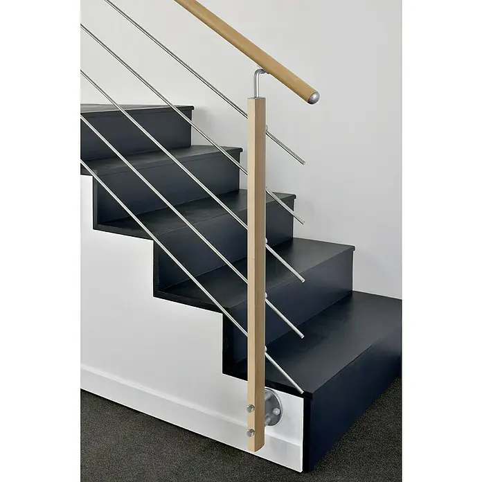 Poste de fijación lateral para barandilla - 55 mm x 35 mm x 1,12 m, Haya - Escalera negra con barandillas de acero inoxidable modernas y pasamanos de madera clara diseño elegante.