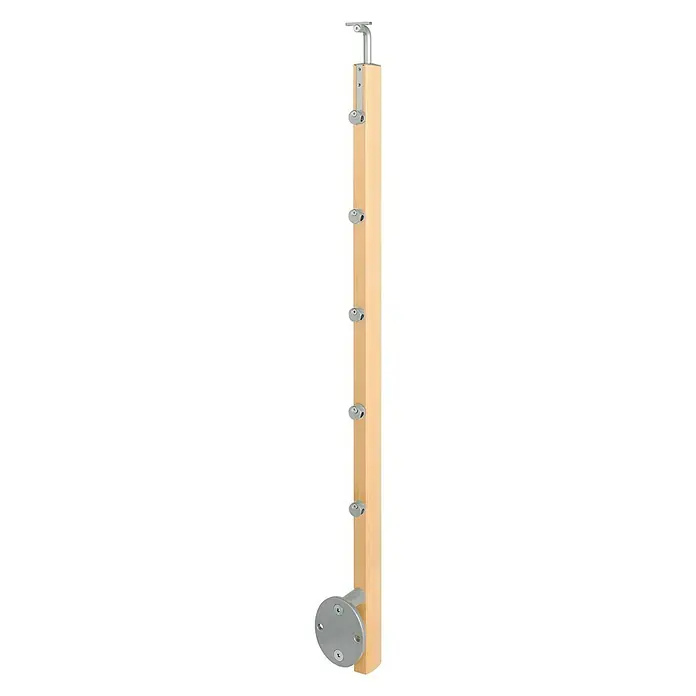 Poste de fijación lateral para barandilla - 55 mm x 35 mm x 1,12 m, Haya - Poste de barandilla de madera clara con soportes plateados, ideal para diseños modernos de escaleras.