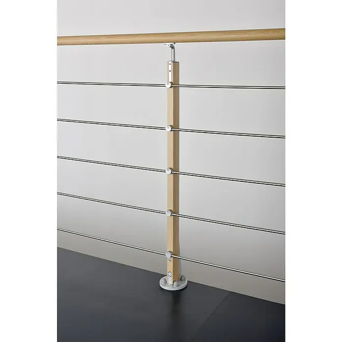 Poste de fijación plana para barandilla - 55 mm x 35 mm x 1,12 m, Haya - Poste de barandilla con pasamanos de madera y cables de acero inoxidable, una solución moderna y minimalista para barandillas de escaleras.