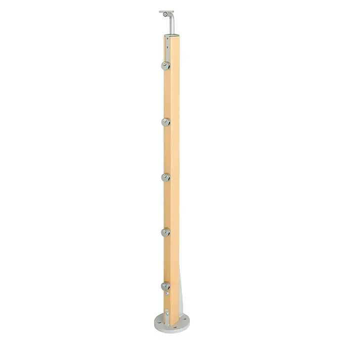 Poste de fijación plana para barandilla - 55 mm x 35 mm x 1,12 m, Haya - Poste de madera con soportes de barandilla plateados, diseño elegante para escaleras y balcones.