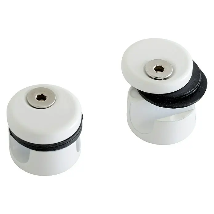 Soporte de panel protector Blanco - Barandilla - Dos soportes cilíndricos blancos con anillos de goma negros y tornillos Allen plateados.