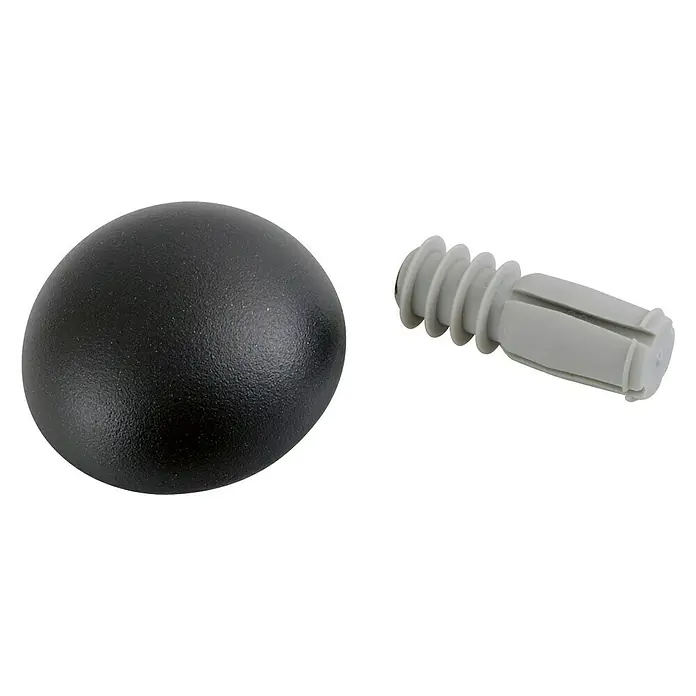 Tapa de acabado para pasamanos - Aluminio, Negro - Primer plano de una tapa de tornillo negra y un taco gris, ideal para reparaciones de muebles y proyectos de bricolaje.