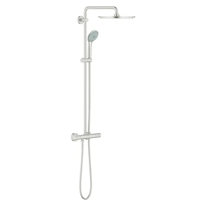 Grohe Euphoria Duschsystem 310 - Mit Thermostatarmatur, Lochabstand: 101,6 cm, Anzahl Strahlarten: 3 Stk., Supersteel - Abbildung einer Grohe Duschgarnitur mit Kopf- und Handbrause in Chrom, für ein modernes Badezimmerdesign.