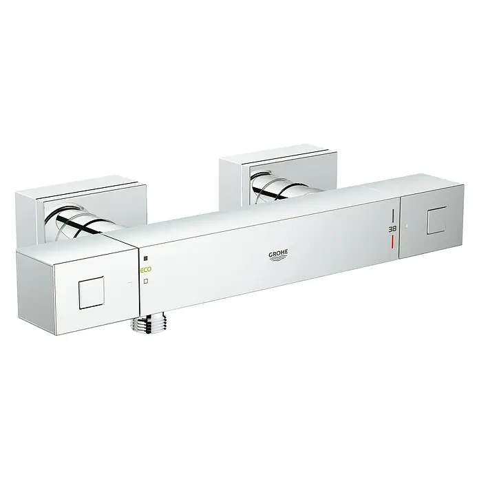 Grohe Grohtherm Cube Brausethermostat - Chrom - Abbildung einer Grohe Aufputz-Thermostatbatterie, formschön, modern und verchromt, mit Eco-Funktion und Temperaturanzeige für das Badezimmer.
