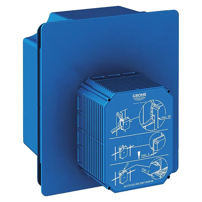 Grohe Urinal-Montageelement Rapido U - 8 x 20 x 21 cm, Blau - Blauer Grohe Installationskasten mit Montageanleitung, ideal für Badezimmer-Installationen, zeigt Details zur korrekten Anbringung.