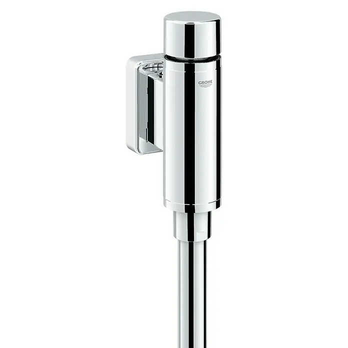 Grohe Rondo Urinal-Druckspüler 2 - ½″, Mit Vorabsperrung - Detailaufnahme eines glänzenden, verchromten Grohe-Wasserhahns, der ein elegantes und modernes Baddesign unterstreicht.