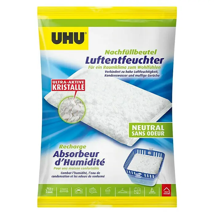 UHU Luftentfeuchter Nachfüllpack - 1 Stk. x 450 g - UHU Luftentfeuchter Nachfüllbeutel zur Reduzierung von Feuchtigkeit, Kondenswasser und muffigen Gerüchen für ein angenehmes Raumklima.