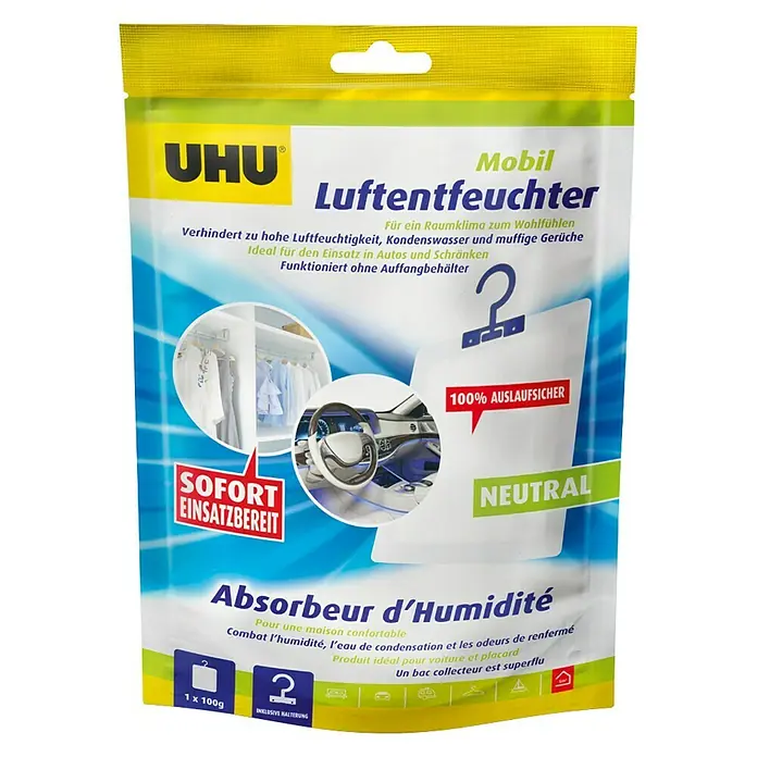 UHU Luftentfeuchter mobil - 100 g, 2 Mon, Neutral - UHU Luftentfeuchter-Beutel zur Reduzierung von Feuchtigkeit, Kondenswasser und muffigen Gerüchen in Autos und Schränken. Sofort einsatzbereit und auslaufsicher.