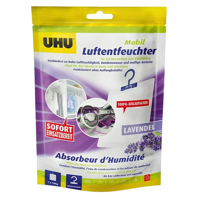 UHU Luftentfeuchter mobil - Lavendel, 100 g - UHU Luftentfeuchter-Beutel mit Lavendelduft, der Feuchtigkeit reduziert und für ein angenehmes Raumklima sorgt. Ideal für Auto und Schrank!
