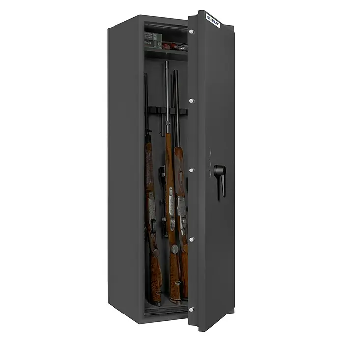 Stabilit Waffenschrank Country 208 - Geeignet für: Gemeinsame Aufbewahrung von Waffen und Munition, Einstellhöhe: Max. 1.318 mm, Doppelbart-Hochsicherheitsschloss, Halterungen: 8, Sicherheitsstufe: Widerstandsgrad N (0) - Bild eines Stabilit-Waffenschranks mit geöffneter Tür, der drei Gewehre und Munition auf einem Regal zeigt.