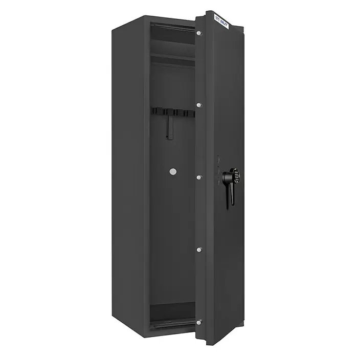 Stabilit Waffenschrank Country 218 E - Geeignet für: Gemeinsame Aufbewahrung von Waffen und Munition, Einstellhöhe: Max. 1.318 mm, Elektronisches Zahlenschloss, Halterungen: 8, Sicherheitsstufe: Widerstandsgrad 1 - Ein geräumiger, offener Stabilit Waffenschrank in dunkler Farbe, ideal für die sichere Aufbewahrung von Waffen und Wertgegenständen.