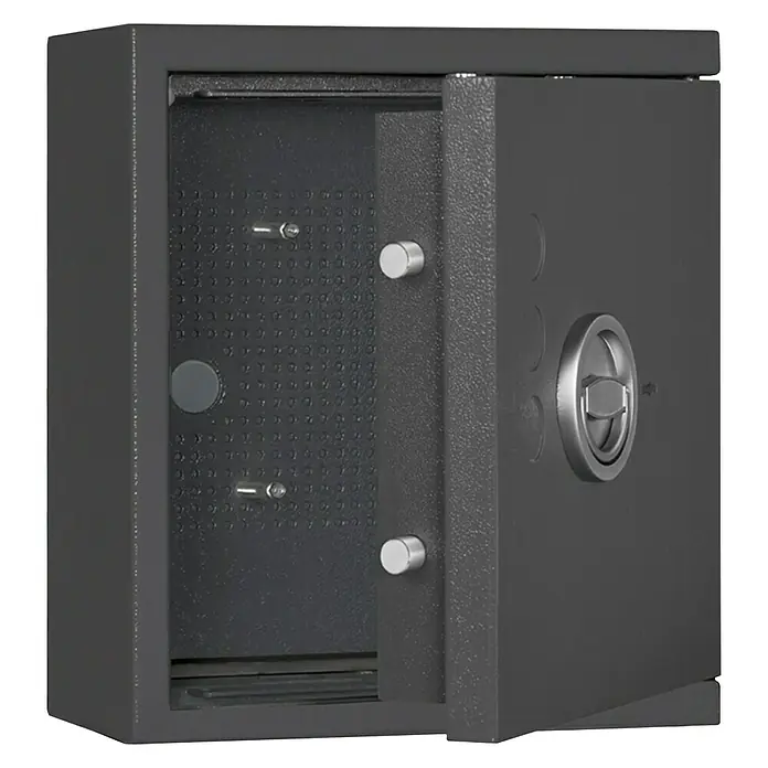 Format Kurzwaffenschrank KWT 900 E - Geeignet für: Gemeinsame Aufbewahrung von Waffen und Munition, L x B x H: 170 x 360 x 405 mm, Elektronikschloss S&G Spartan 1006 - Ein grauer Tresor mit geöffneter Tür, der die Regalböden und das Schließsystem zeigt. Ideal für sichere Aufbewahrung.