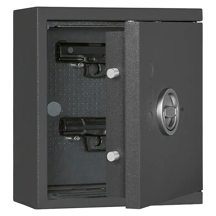 Format Kurzwaffenschrank KWT 900 E - Geeignet für: Gemeinsame Aufbewahrung von Waffen und Munition, L x B x H: 170 x 360 x 405 mm, Elektronikschloss S&G Spartan 1006 - Grauer Waffenschrank mit zwei Handfeuerwaffen, die im Inneren aufbewahrt werden, bietet Sicherheit und Schutz für Ihre Waffen.