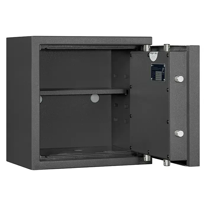Format Kurzwaffenschrank KWT 1000 - Geeignet für: Max. 5 Kurzwaffen ohne Munition, L x B x H: 270 x 400 x 405 mm, Doppelbart-Hochsicherheitsschloss - Ein offener, grauer Tresor mit einer einzelnen Ablage im Inneren, ideal für die sichere Aufbewahrung wertvoller Gegenstände.