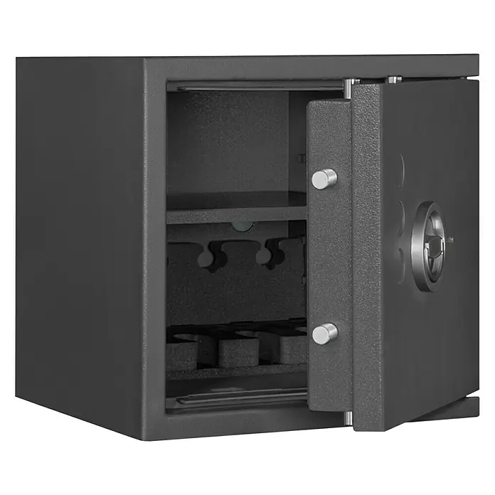 Format Kurzwaffenschrank KWT 2000Geeignet für: Max. 5 Kurzwaffen ohne Munition, L x B x H: 420 x 400 x 405 mm, Doppelbart-Hochsicherheitsschloss - Ein grauer Tresor mit geöffneter Tür zeigt Regale und Halterungen im Inneren, ideal für die sichere Aufbewahrung von Wertgegenständen.