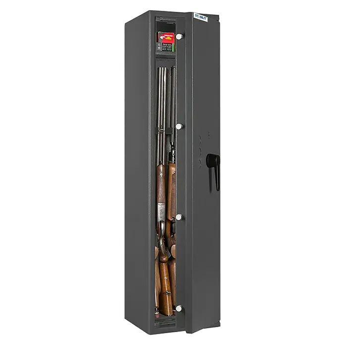Stabilit Waffenschrank Country 204 - Geeignet für: Gemeinsame Aufbewahrung von Waffen und Munition, Einstellhöhe: 1.240 mm, Doppelbart-Hochsicherheitsschloss, Halterungen: 4 - Ein grauer Waffenschrank mit mehreren Gewehren darin, Munition ist auch im Schrank gelagert.\n