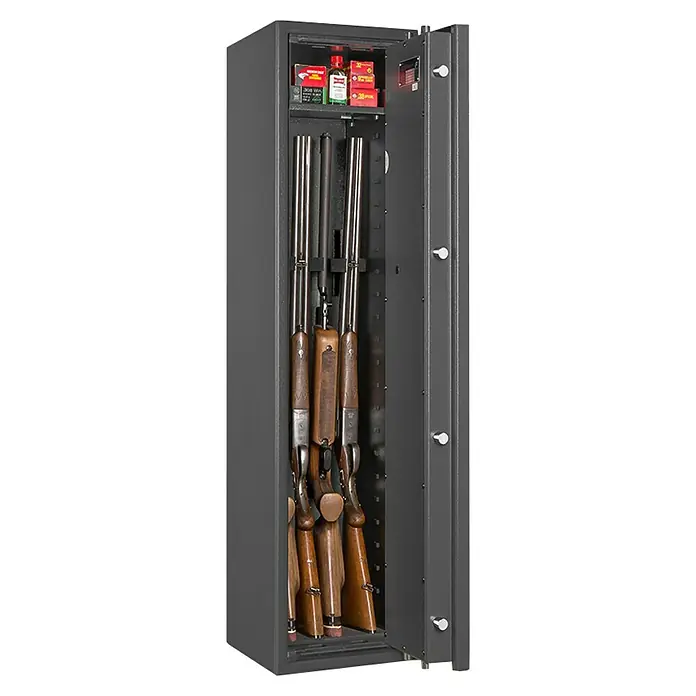 Stabilit Waffenschrank Country 204 - Geeignet für: Gemeinsame Aufbewahrung von Waffen und Munition, Einstellhöhe: 1.240 mm, Doppelbart-Hochsicherheitsschloss, Halterungen: 4 - Grauer Waffenschrank mit Gewehren und Munition, der Sicherheit und Schutz für Ihre Waffen bietet.\n