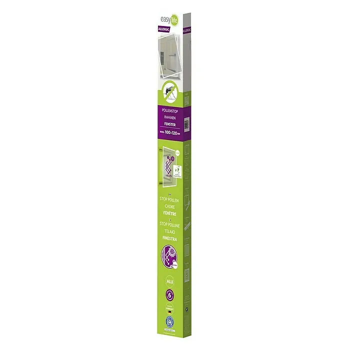 Easy Life easyLINE 2 Pollenschutzgitter - B x H: 100 x 120 cm, Montage Insektengitter: Klemmen - Abbildung einer Verpackung für einen Pollenstop-Rahmen Fenster mit den Maßen 100x120cm der Marke Easy Life.
