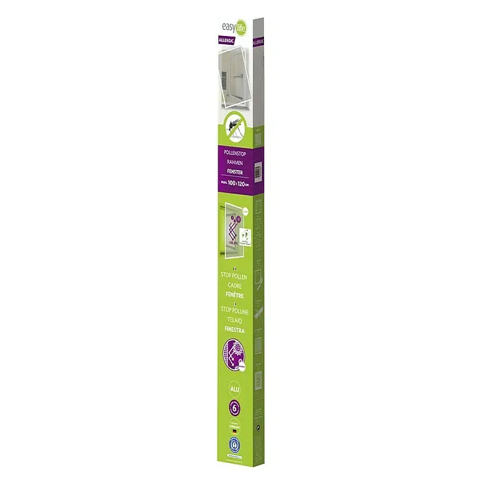 Easy Life easyLINE 2 Pollenschutzgitter - B x H: 130 x 150 cm, Montage Insektengitter: Klemmen - Produktverpackung des Easy Life Pollenstop Fensterrahmens, der Allergikern hilft, mit einer maximalen Größe von 100x120cm.
