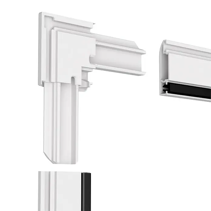 Easy Life easyLINE 2 Pollenschutzgitter - B x H: 130 x 150 cm, Montage Insektengitter: Klemmen - Nahaufnahme eines weißen Magnetrahmen-Displaysystems, das die Bauweise und die einfachen Verbindungselemente hervorhebt. Ideal für Präsentationen.
