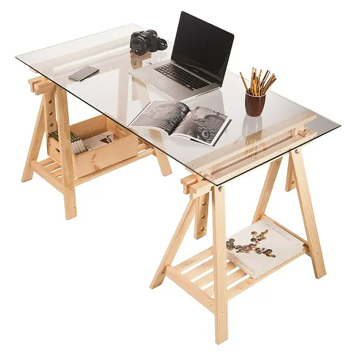 Astigarraga Holzbock Architekt - Tragkraft: 400 kg, Höhe: 70 cm, Kiefer, Natur - Heller, höhenverstellbarer Schreibtisch mit Glasplatte, ideal für kreatives Arbeiten im Büro oder Zuhause.