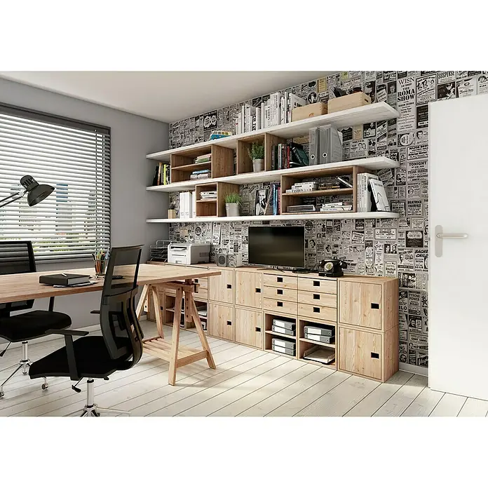 Astigarraga Holzbock Architekt - Tragkraft: 400 kg, Höhe: 70 cm, Kiefer, Natur - Ein stilvolles Homeoffice mit einem Holztisch, Regalen und einem Schrank mit Schubladen. Das perfekte Büro für die Arbeit.
