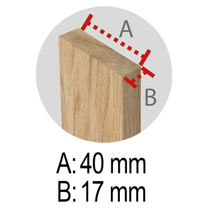 Astigarraga Holzklappbock Standard - Tragkraft: 400 kg, Höhe: 74 cm, Kiefer - Abbildung eines Holzstücks mit den Maßen A: 40 mm und B: 17 mm zur Illustration von Holzbearbeitung oder Produktspezifikationen.