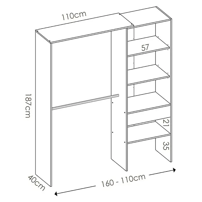 Dekit Armario para ropa Suit - L x An x Al: 40 x 160 x 187 cm, Blanco, Melamina - Un esquema de un armario con estantes y una barra para colgar ropa con indicaciones de tamaño.
