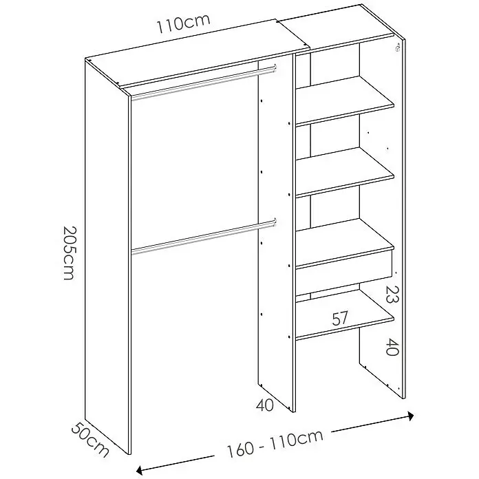 Dekit Armario para ropa Suit - L x An x Al: 50 x 160 x 205 cm, Blanco, Melamina - Sistema interior de armario modular con sección izquierda de dos barras y sección derecha con múltiples estantes y un compartimento. Se muestran las dimensiones.