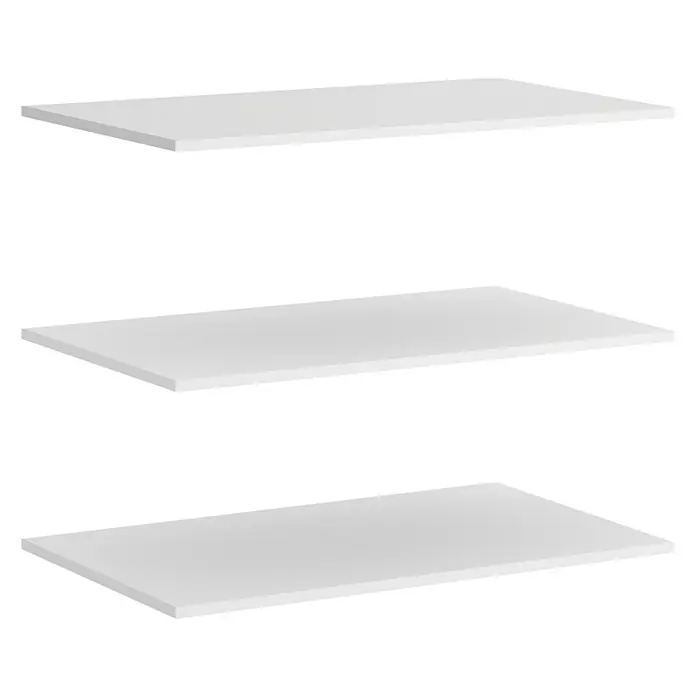 Dekit Set de estanterías - L x An x Al: 180 x 87 x 1,6 cm, Blanco - Un primer plano de tres estantes blancos flotantes sobre un fondo negro, que muestra un diseño minimalista y soluciones de almacenamiento versátiles.