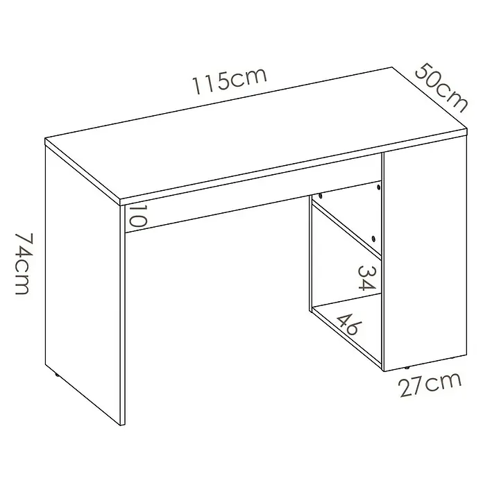 Dekit Mesa de escritorio Teo - L x An x Al: 50 x 115 x 74 cm, Roble/Blanco - Imagen de un escritorio moderno con compartimentos de almacenamiento y dimensiones de 115x50x74 cm.