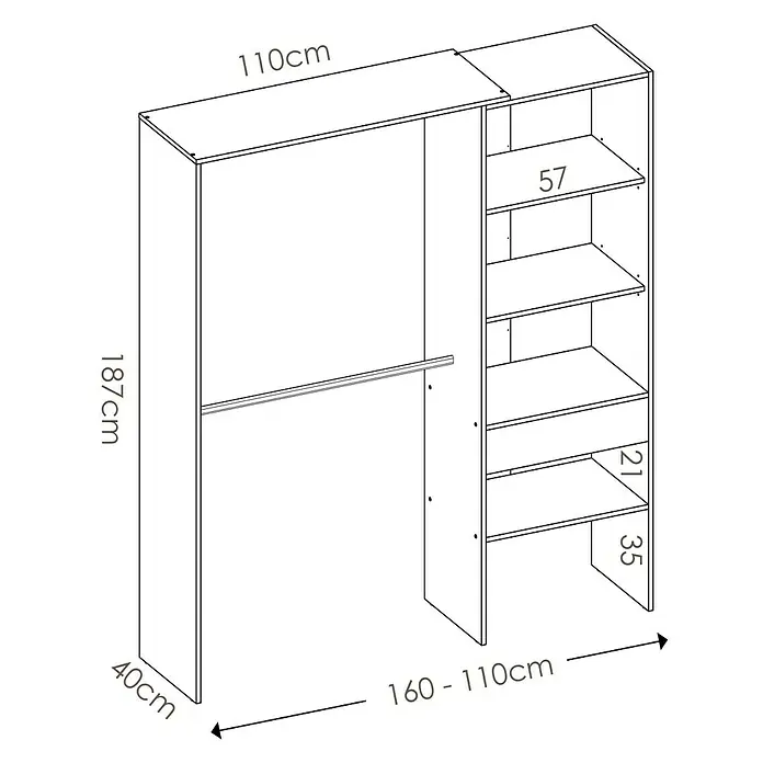Dekit Armario para ropa Suit - L x An x Al: 40 x 160 x 187 cm, Roble, Melamina - Ilustración de un armario con estantes y una barra para colgar ropa, con medidas de los diferentes componentes.