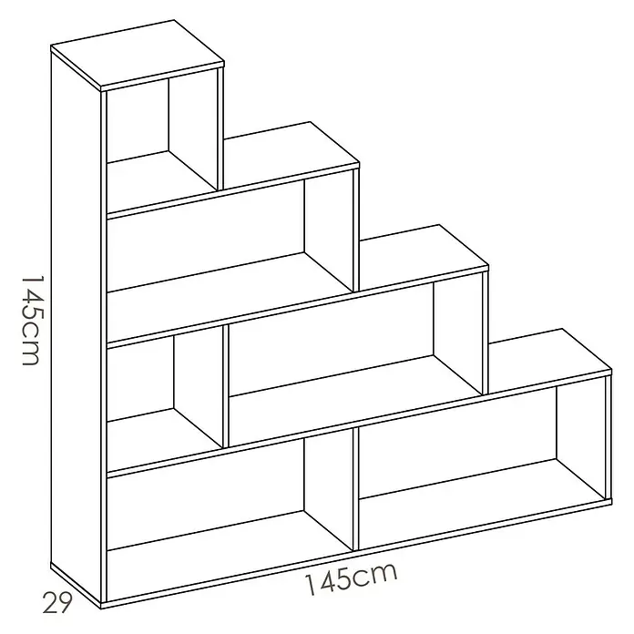 Dekit Ten Estantería de madera - Al x An x Pr: 145 x 145 x 29 cm, Número de baldas: 6 ud., Atornillado, Blanco - Imagen de una estantería escalonada elegante con dimensiones, perfecta para espacios modernos para almacenaje y exhibición.
