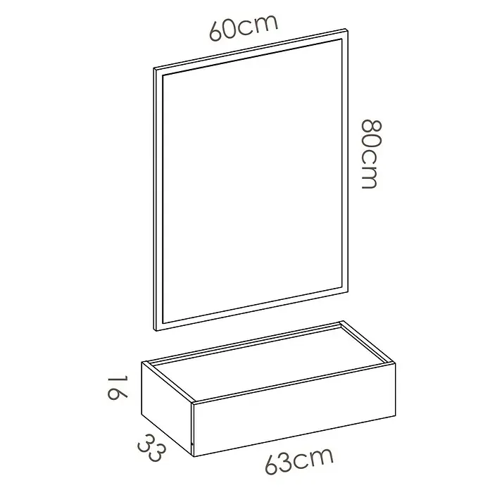 Dekit Mueble para recibidor Ott - Natural/Blanco, Espejo - Esquema del lavabo con espejo y dimensiones 60x80cm para el espejo y 63x33x16cm para el mueble de baño.