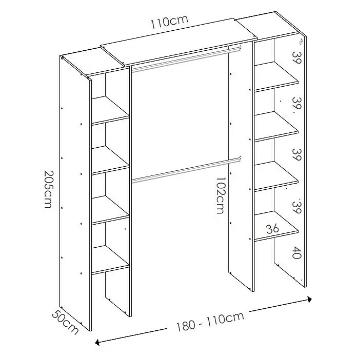 Dekit Armario para ropa Suit - L x An x Al: 50 x 180 x 205 cm, Blanco, Melamina - Sistema de armario modular, 180 cm de ancho, con barra central de 110 cm y estanterías laterales, 205 cm de alto y 50 cm de fondo.
