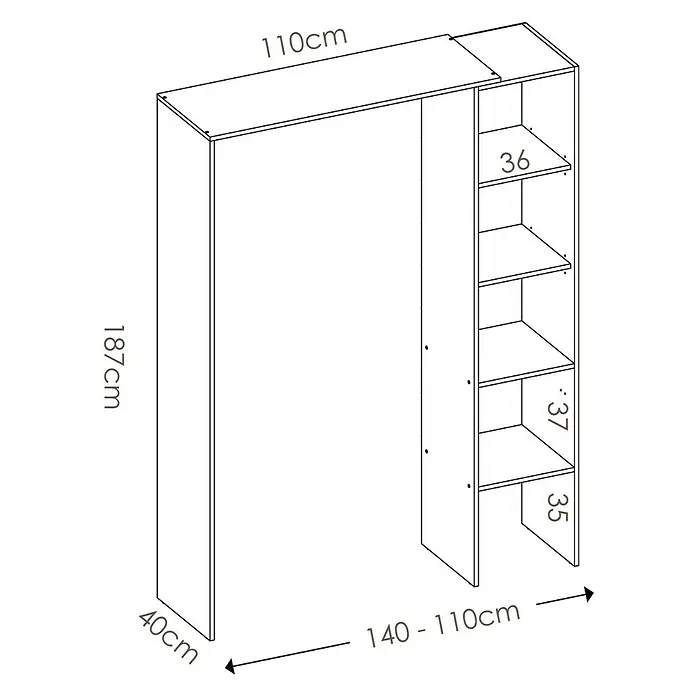 Dekit Armario para ropa Suit - L x An x Al: 40 x 140 x 187 cm, Blanco, Melamina - Ilustración de un armario con dimensiones de 110 x 40 x 187 cm, que incluye varios estantes.