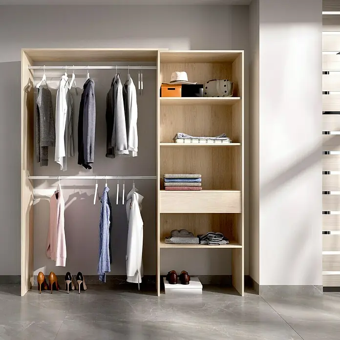 Dekit Armario para ropa Suit - L x An x Al: 40 x 160 x 187 cm, Roble, Melamina - Elegante sistema de armario con barras para colgar, estantes y un cajón. La solución de almacenamiento perfecta para cualquier hogar.