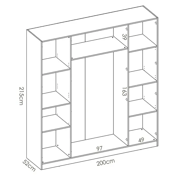 Dekit Armario para ropa Maxi - L x An x Al: 52 x 200 x 215 cm, Blanco, Número de puertas: 4 ud. - Dibujo esquemático detallado de un armario con dimensiones y distribución de estanterías para una planificación óptima del espacio.