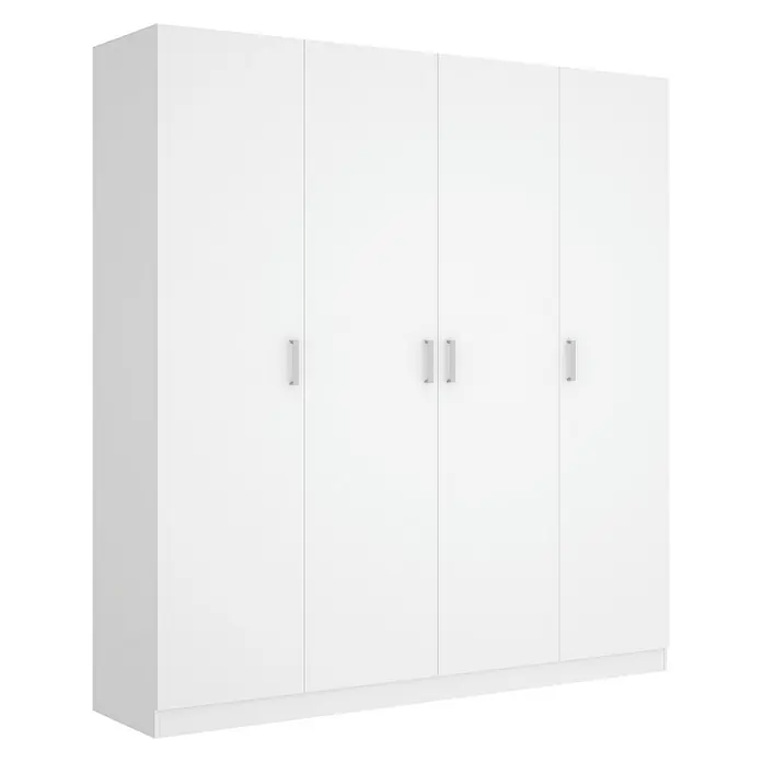 Dekit Armario para ropa Maxi - L x An x Al: 52 x 200 x 215 cm, Blanco, Número de puertas: 4 ud. - Imagen de un gran armario blanco con cuatro puertas y tiradores plateados. Ideal para organizar ropa y accesorios en cualquier habitación.
