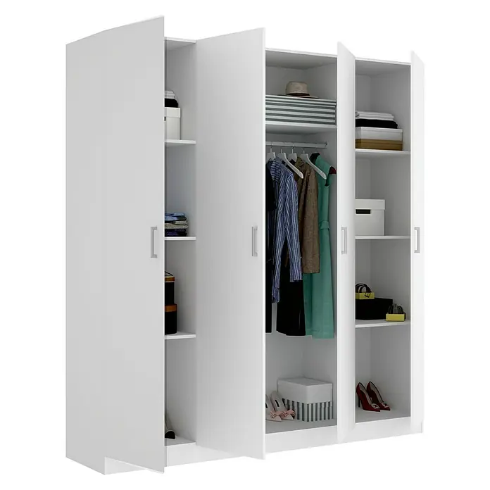 Dekit Armario para ropa Maxi - L x An x Al: 52 x 200 x 215 cm, Blanco, Número de puertas: 4 ud. - Amplio armario blanco con puertas abiertas que ofrece un amplio espacio de almacenamiento para ropa, zapatos y accesorios. Ideal para la organización.