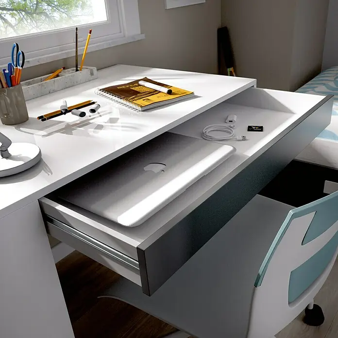 Dekit Mesa de escritorio Teo - L x An x Al: 50 x 115 x 74 cm, Blanco/Grafito - Un escritorio moderno con un cajón extraíble que contiene un ordenador portátil, un cable de carga y una tarjeta de memoria.