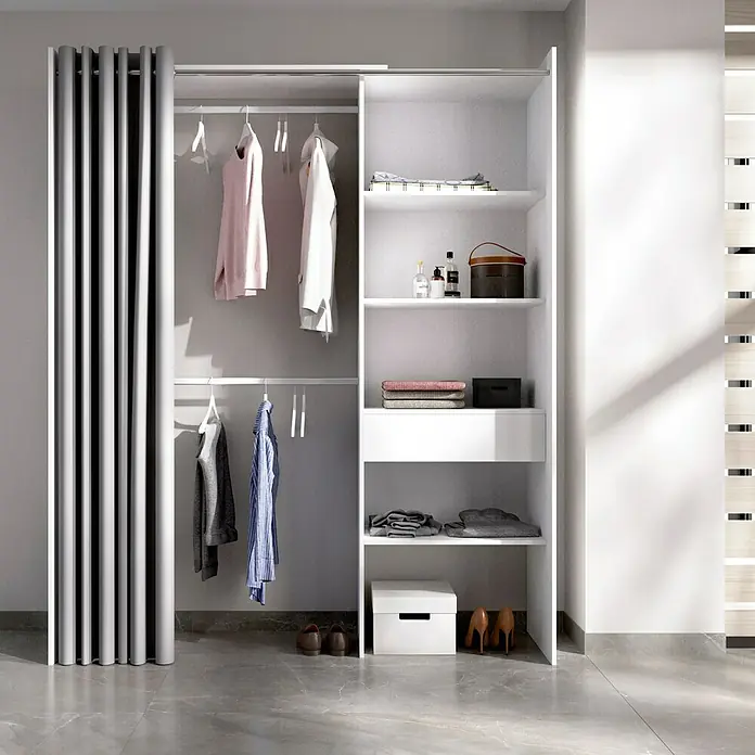 Dekit Armario para ropa Suit - L x An x Al: 50 x 160 x 205 cm, Blanco, Melamina - Armario abierto con cortina, estantes y barra para colgar ropa, ideal para guardar ropa, zapatos y accesorios.