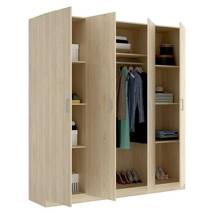 Dekit Armario para ropa Maxi - L x An x Al: 52 x 200 x 215 cm, Roble, Número de puertas: 4 ud. - Elegante armario de tres puertas con varios compartimentos y una barra de armario para un almacenamiento óptimo de ropa y accesorios.