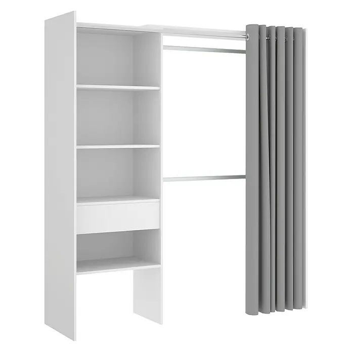 Dekit Armario para ropa Suit - L x An x Al: 50 x 160 x 205 cm, Blanco, Melamina - Armario blanco con estantes, cajón y cortinas grises para mayor almacenamiento y organización.