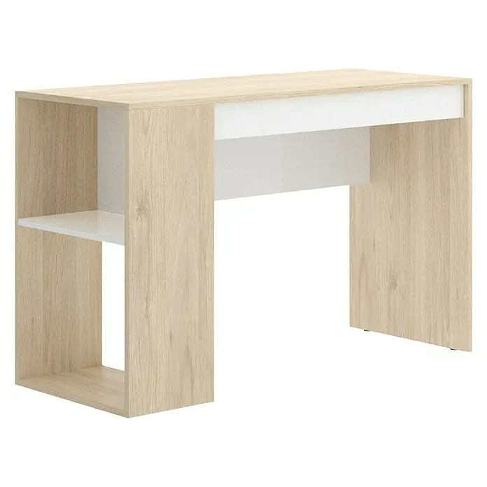 Dekit Mesa de escritorio Teo - L x An x Al: 50 x 115 x 74 cm, Roble/Blanco - Esta imagen muestra un escritorio de color claro con estanterías integradas en un lado, que ofrece almacenamiento y espacio de trabajo.