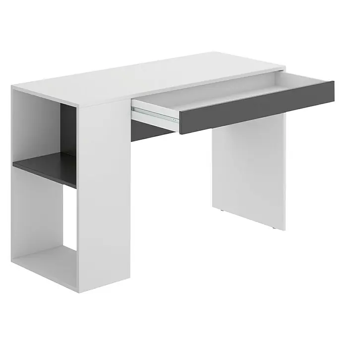 Dekit Mesa de escritorio Teo - L x An x Al: 50 x 115 x 74 cm, Blanco/Grafito - Imagen de un escritorio moderno en blanco y gris con un cajón abierto. Perfecto para una oficina en casa o estudio.