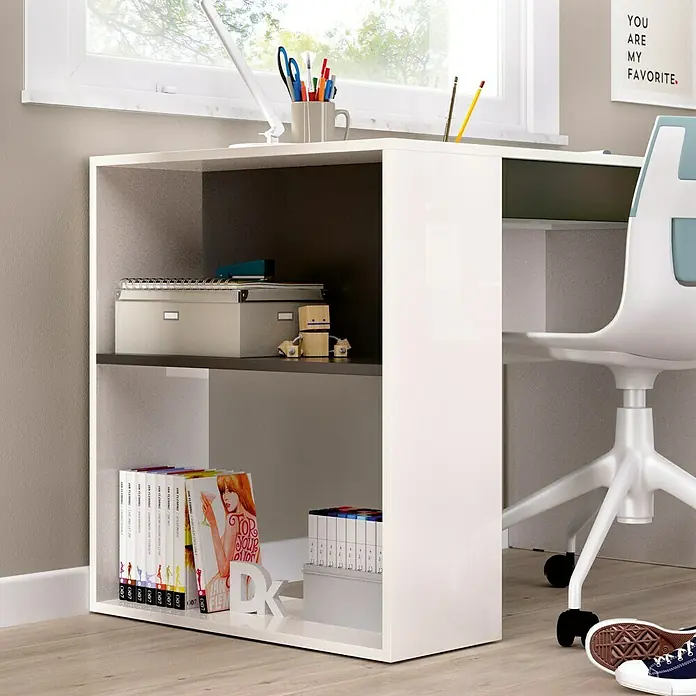 Dekit Mesa de escritorio Teo - L x An x Al: 50 x 115 x 74 cm, Blanco/Grafito - La estantería de escritorio blanca ofrece un amplio espacio de almacenamiento con sus compartimentos para libros y material de oficina. Práctica y elegante.